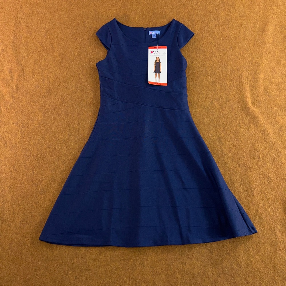 Love by Ava & Yelly Youth M 10/12 Blue Textured Banded Skater Dress NWT